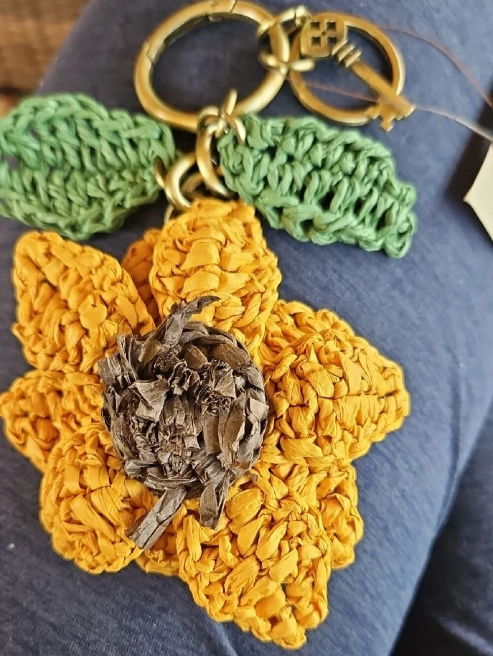 Patricia Nash Yellow Raffia Sunflower Crochet Key & Purse Charm W/Green Leaves